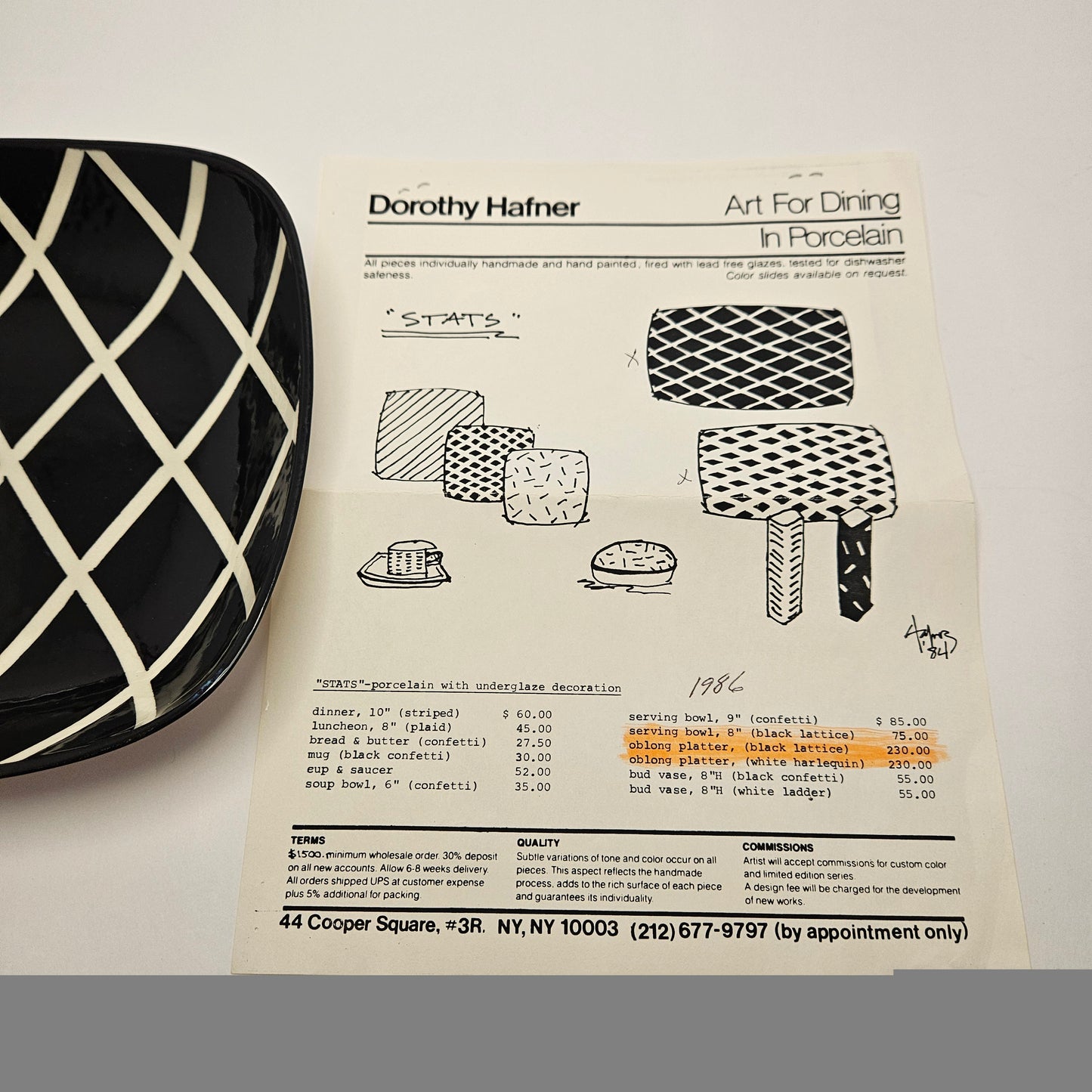 RARE Vintage Dorothy Hafner STATS Porcelain black lattice serving bowl 1985