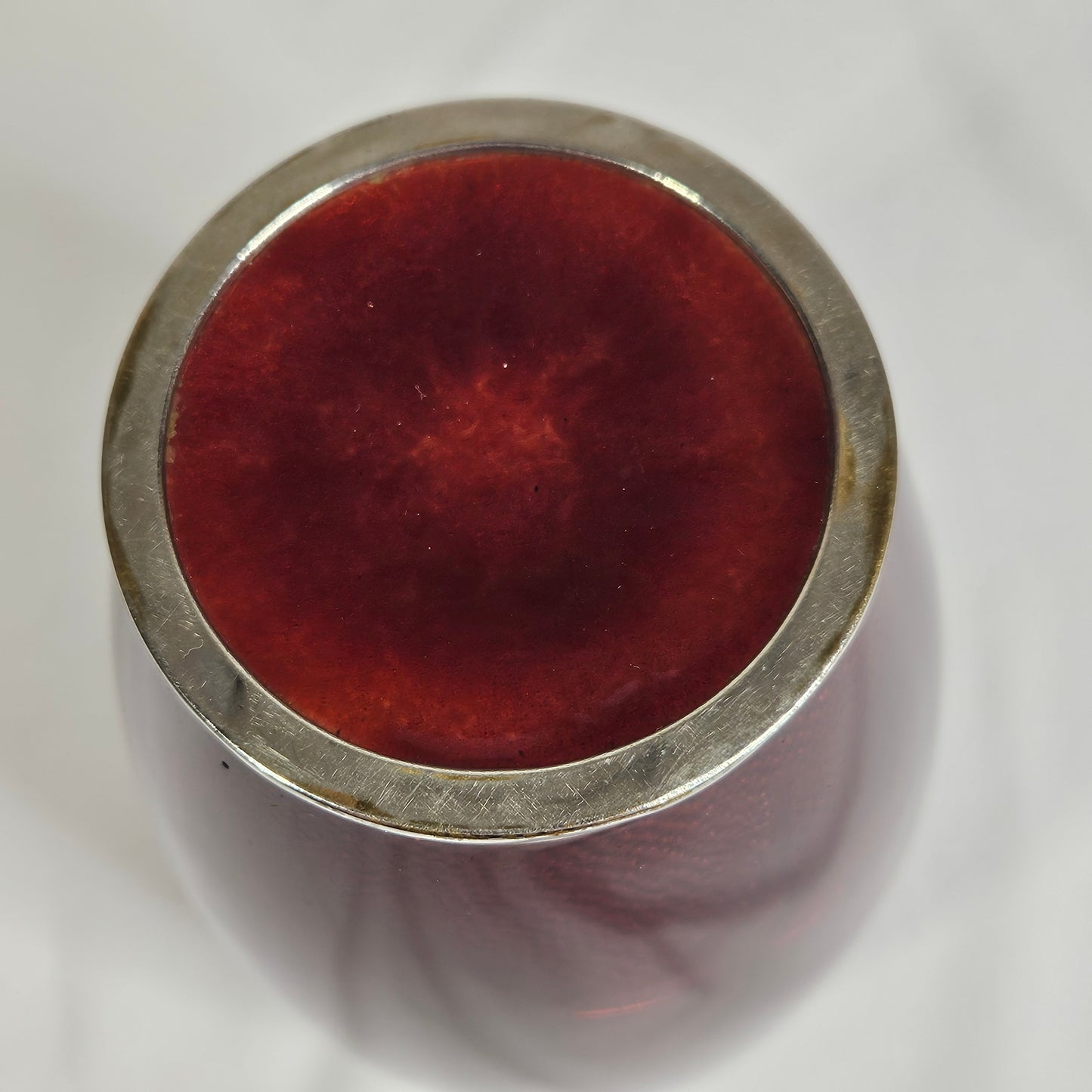 Vintage Japanese ginbari cloisonné vase, pigeon blood red enamel, 7"