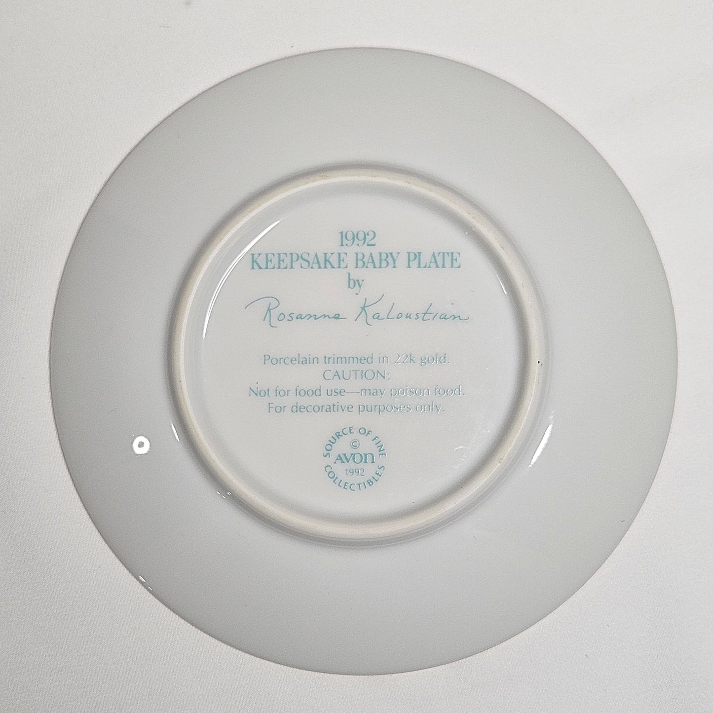 Vintage Avon Keepsake Baby Plate with gold trim, 1992, by Rosanne Kaloustian