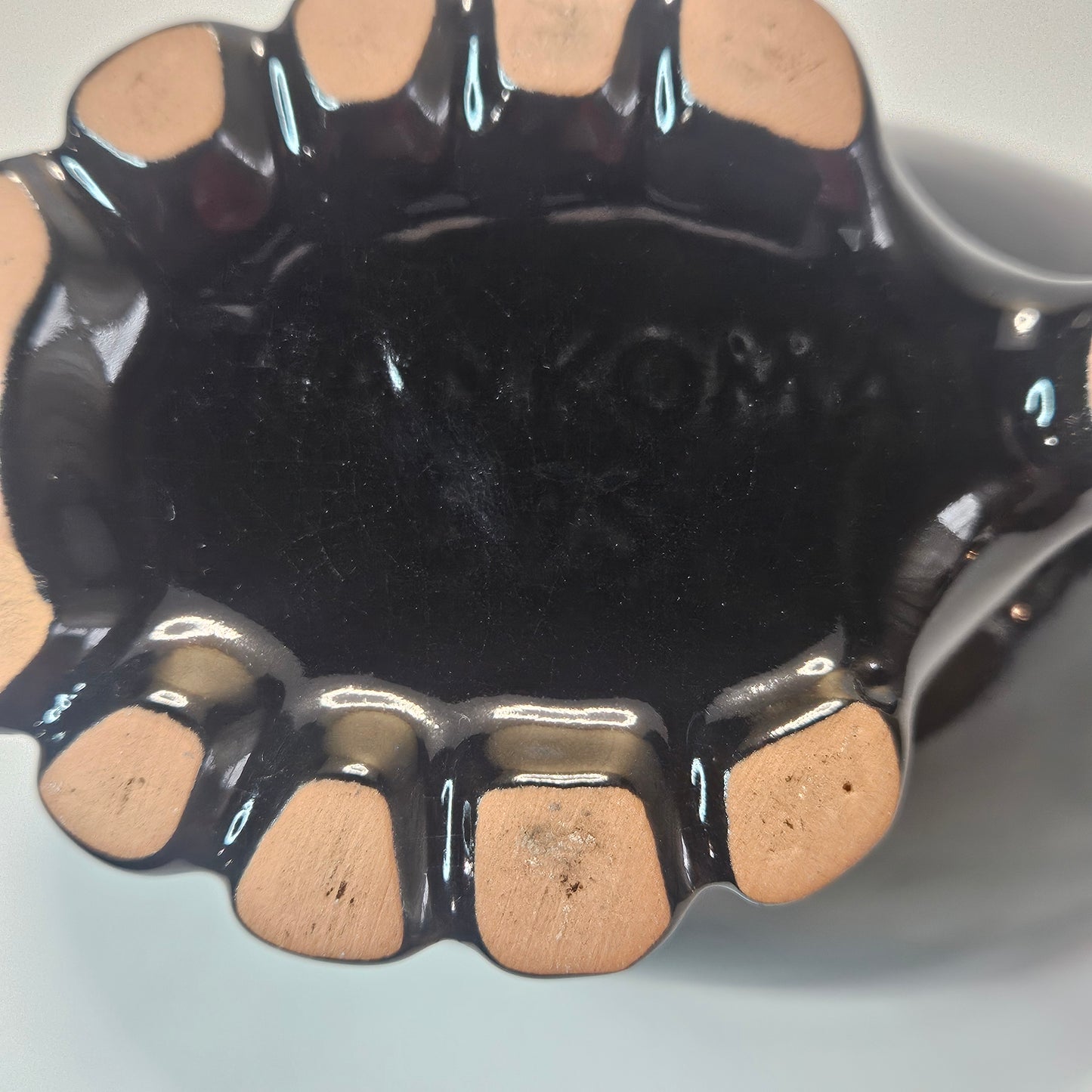 Vintage Frakoma Pottery 575 black cornucopia footed dish