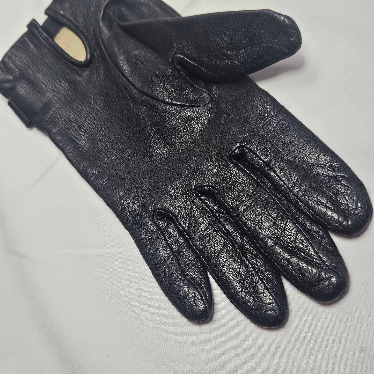 Womens vintage Agnelle black lamb leather silk lined gloves with gold chain accent