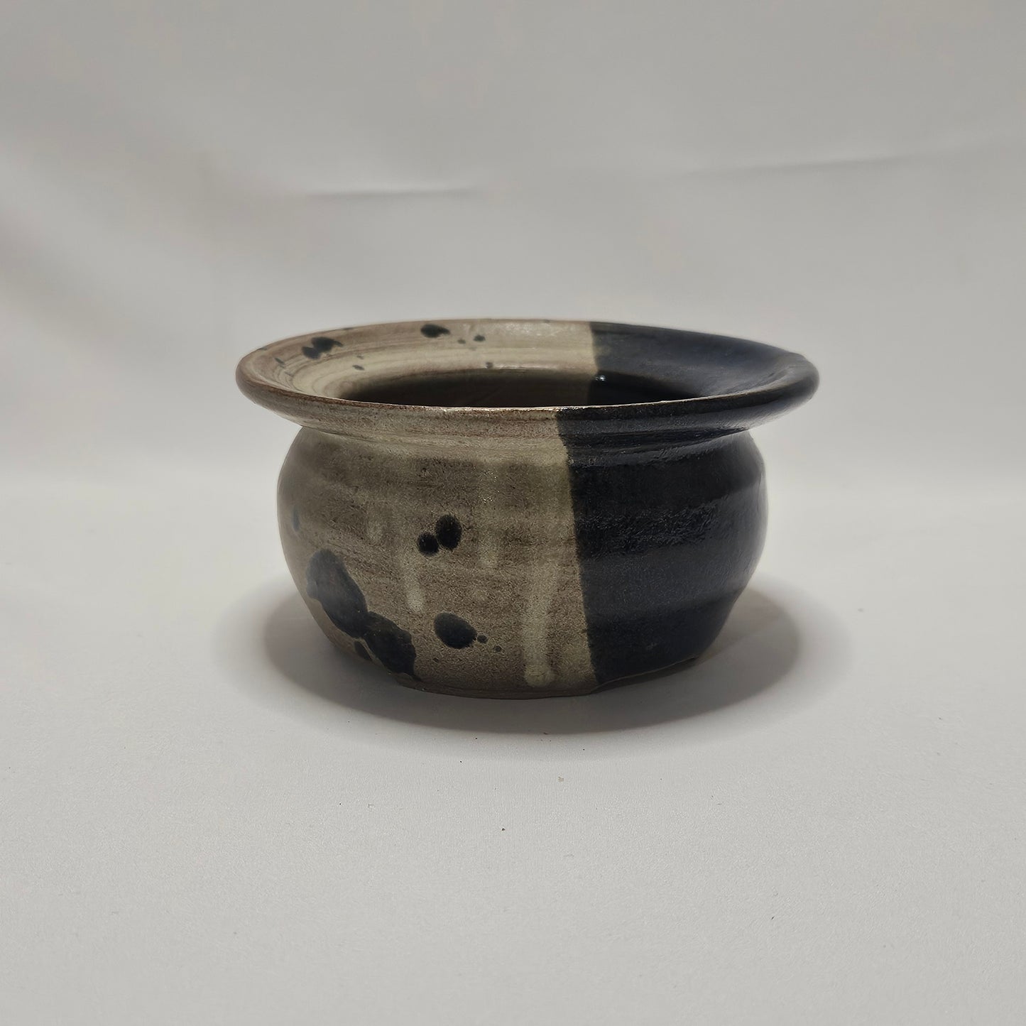 Vintage, Hand-thrown Studio Pottery rummed bowl, sigbed by artist Kathy Truders, Navy and Brown asymmetric glaze