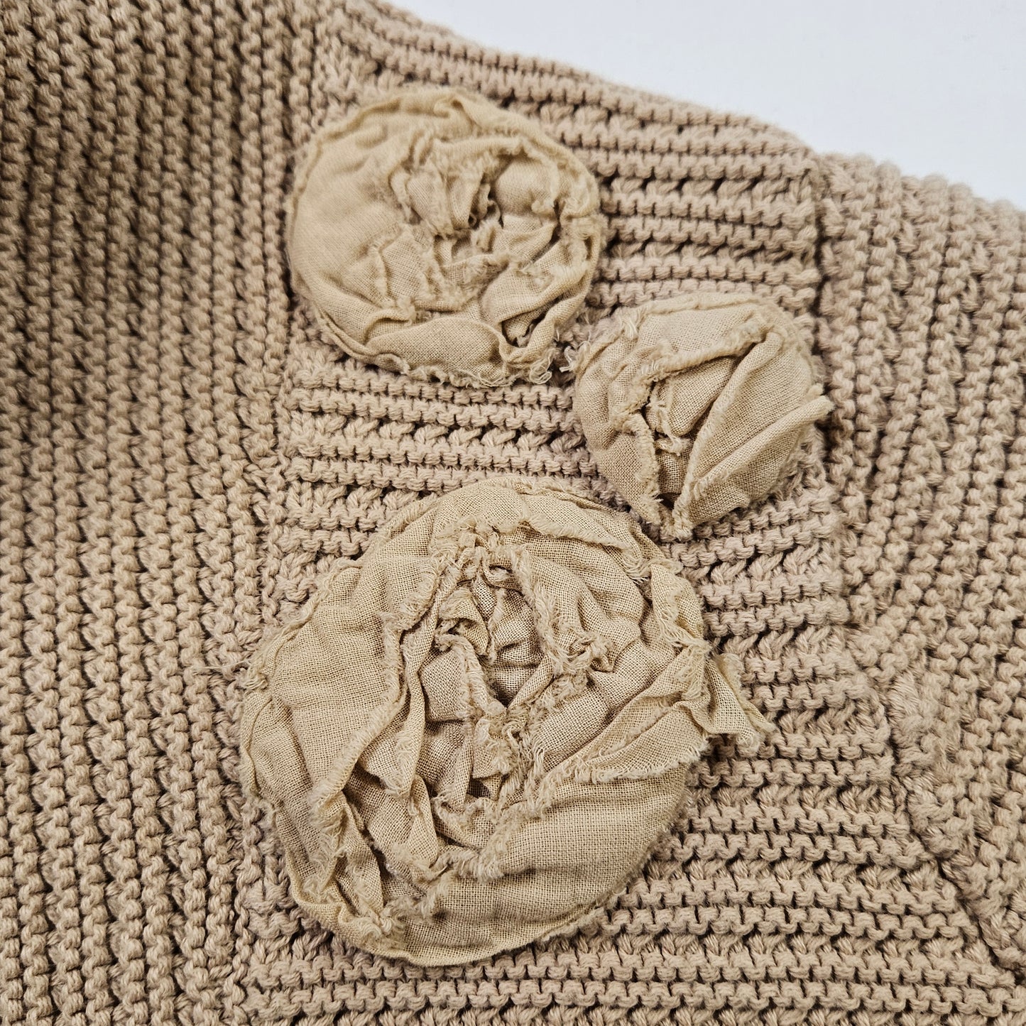 CAbi Beige knit shrug, 100% cotton with fabric rosettes, Medium