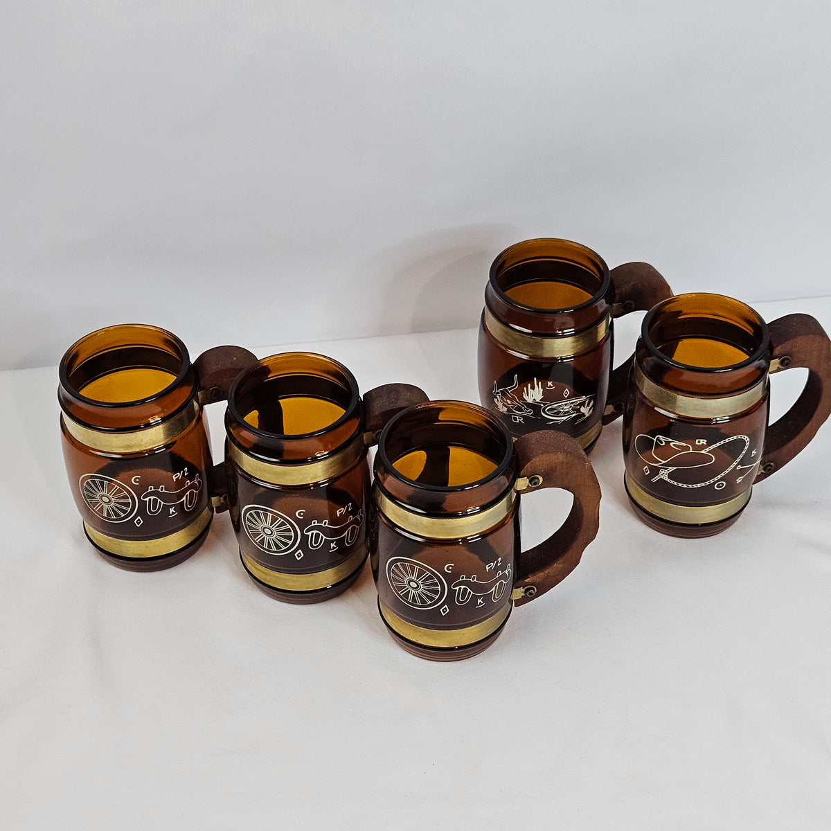 Vintage SiestaWare brown glass mugs, wooden handles, mix and match