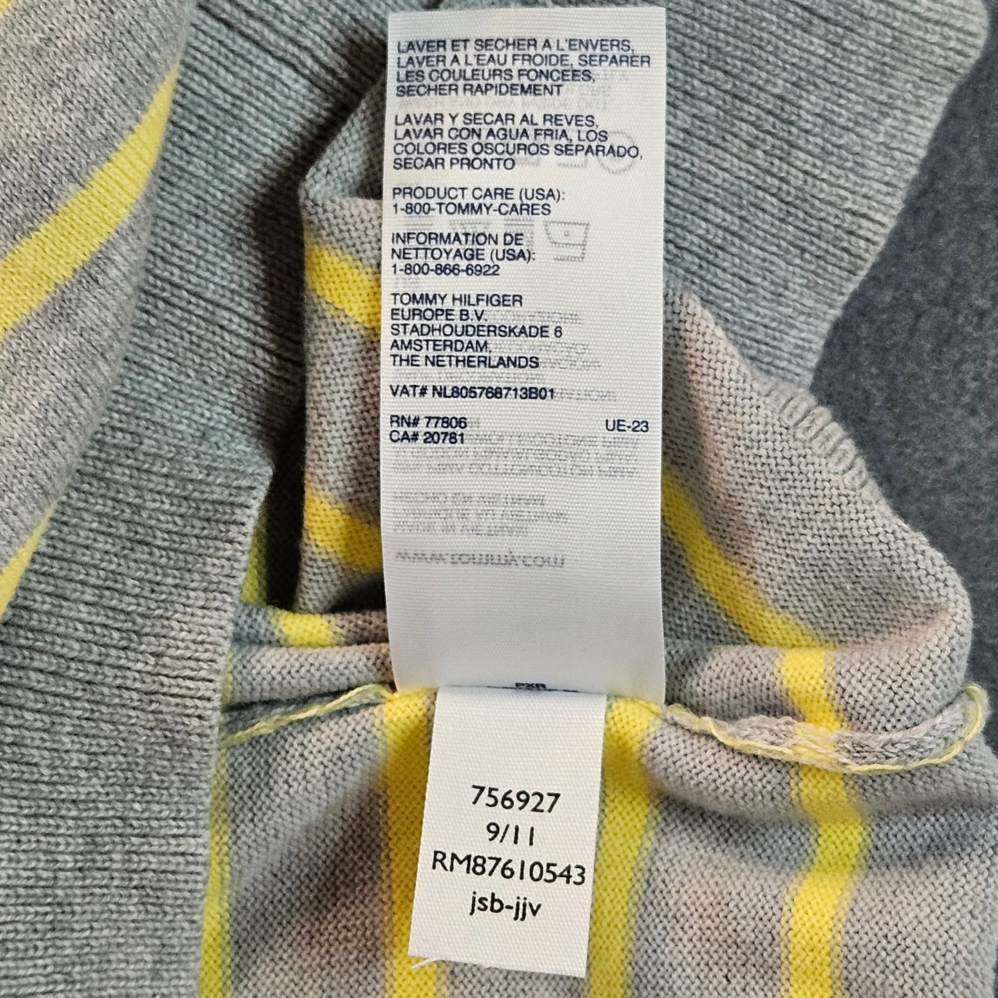 Tommy Hilfiger NWT long-sleeve, v-neck striped sweater, light gray with yellow stripes, medium