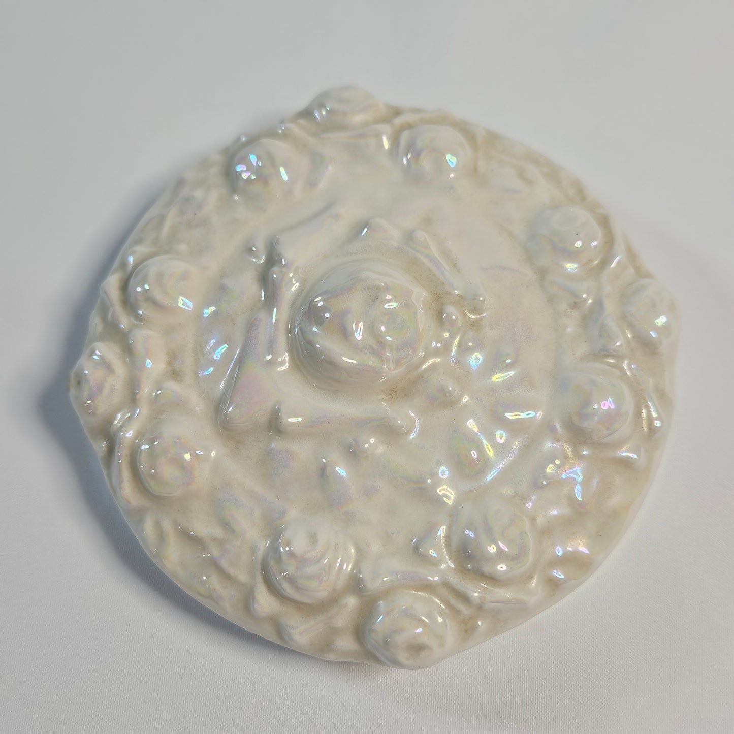 Vintage porcelain trinket box, iridescent white, rose pattern