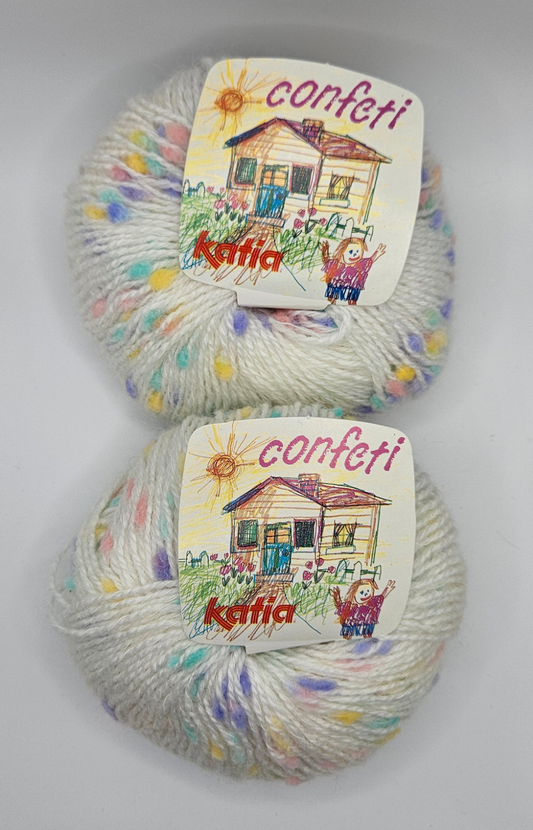 Confeti Yarn by Katia, White with Pastel Flecks, 2 Skeins, same dye lot