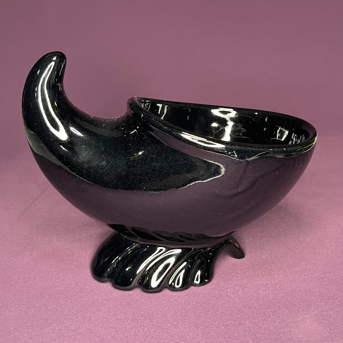 Vintage Frakoma Pottery 575 black cornucopia footed dish