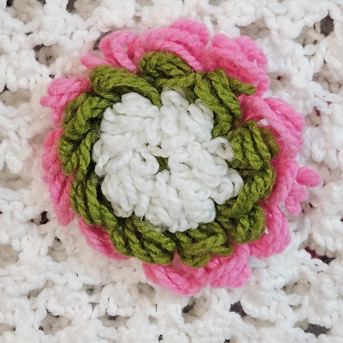 Handmade crochet blanket, lacy white stitch with flower embellishments, 58" x 51"