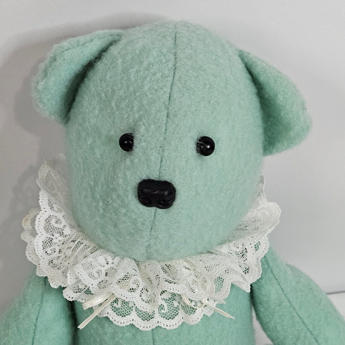 Handmade Vintage Jointed Teddy Bear, Light Blue Green color with lace collar