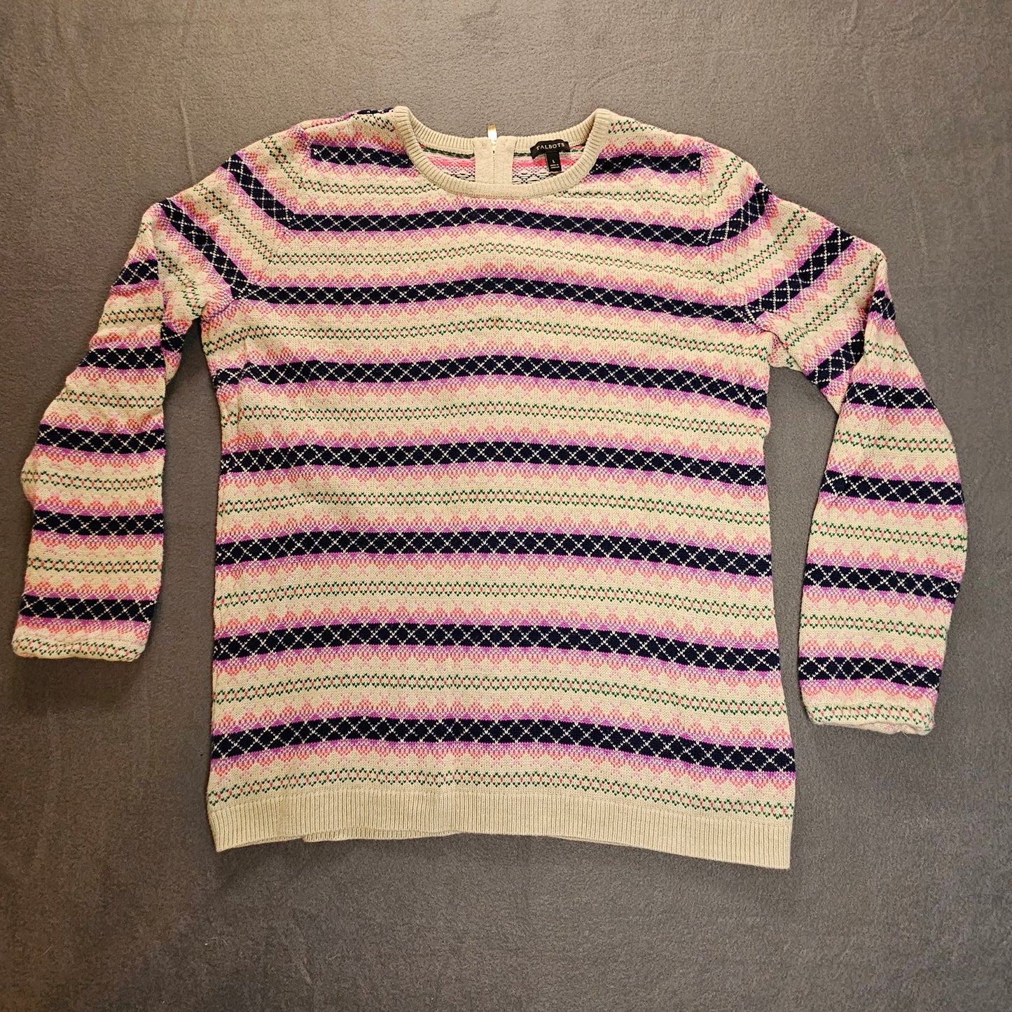 Talbot's zip-back long sleeve sweater, pink/navy stripes, Large