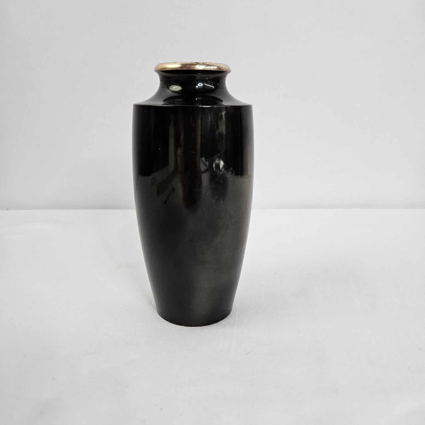 Black enamel vase with Japanese inspired landscape scene and gold accents