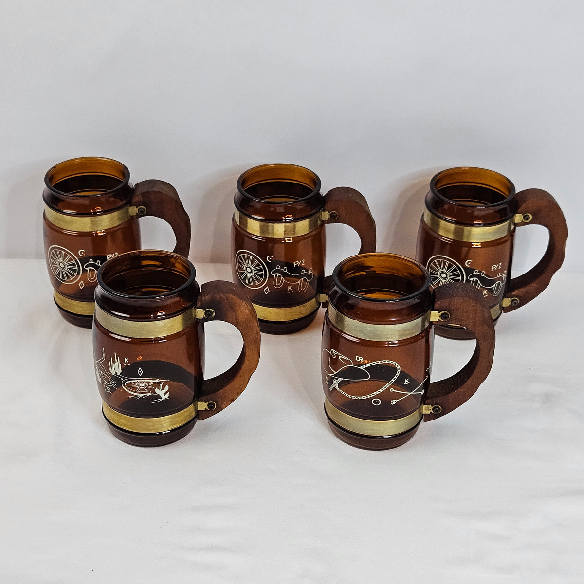 Vintage SiestaWare brown glass mugs, wooden handles, mix and match