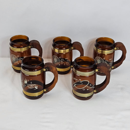Vintage SiestaWare brown glass mugs, wooden handles, mix and match