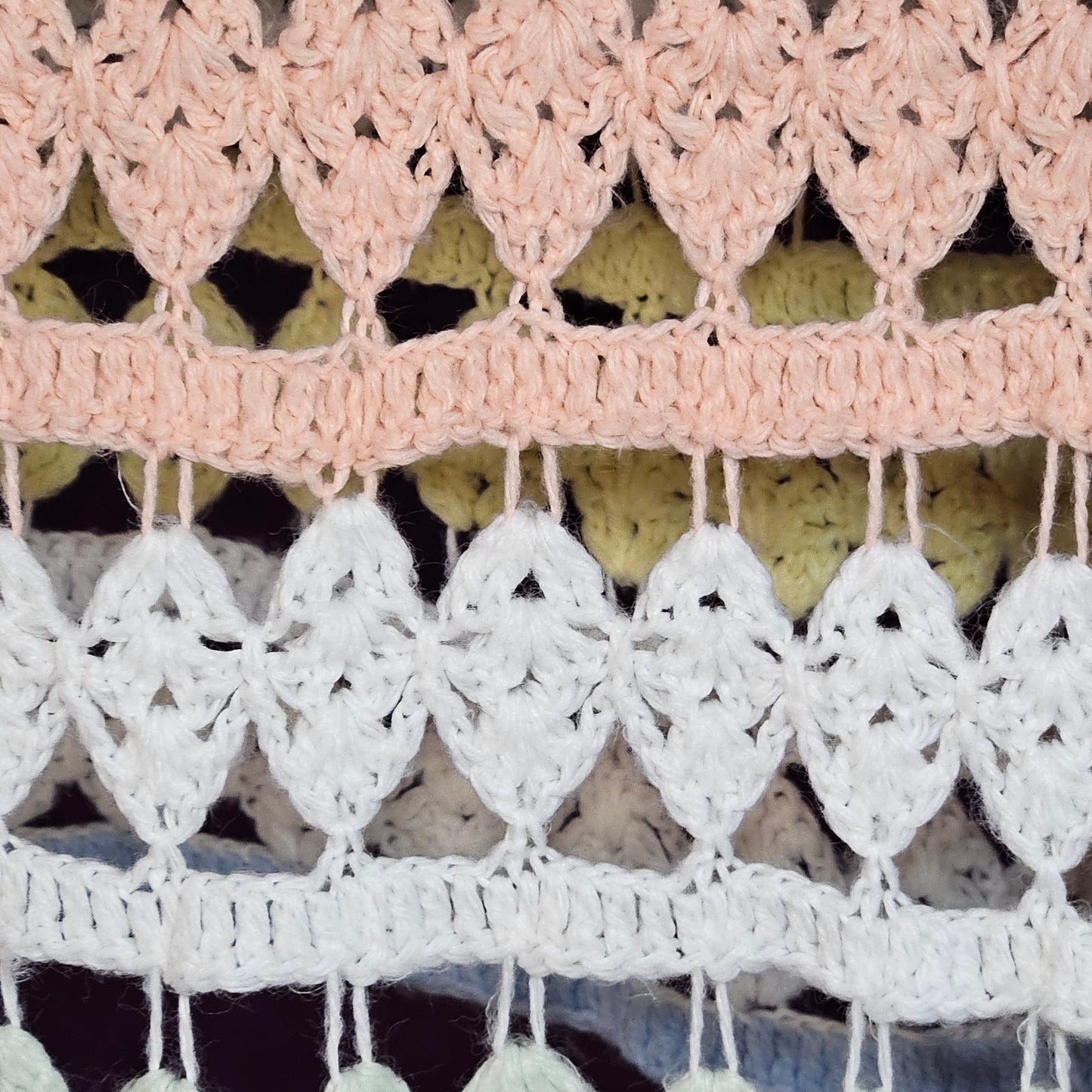 43" x 34" lacy crocheted decorative blanket in pastel colors