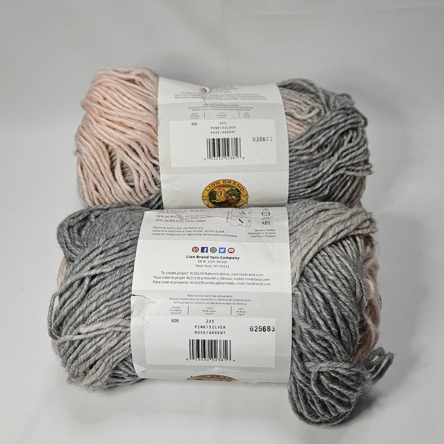 Lion Brand Scarfie yarn, Pink/Silver, 5 bulky