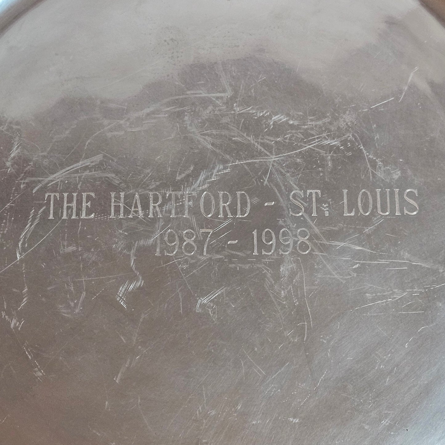 Wilton Co. RWP pewter serving tray, engraved The Harford - St. Louis 1987 - 1998