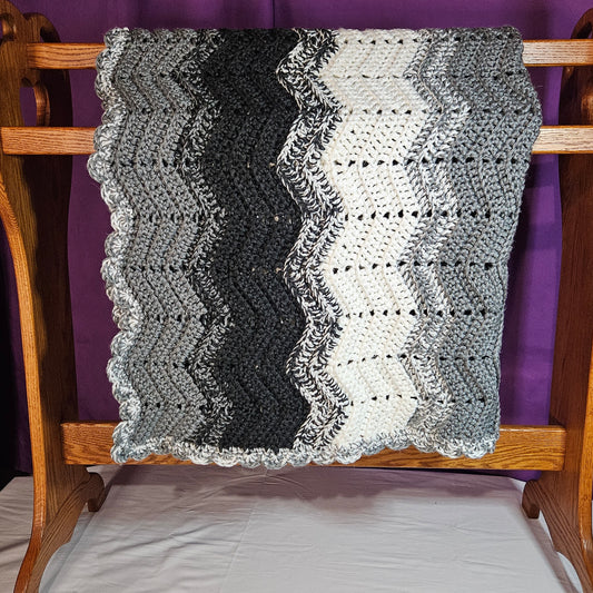 Handmade crochet heavy blanket in black, white, and grey, 45" x 39"