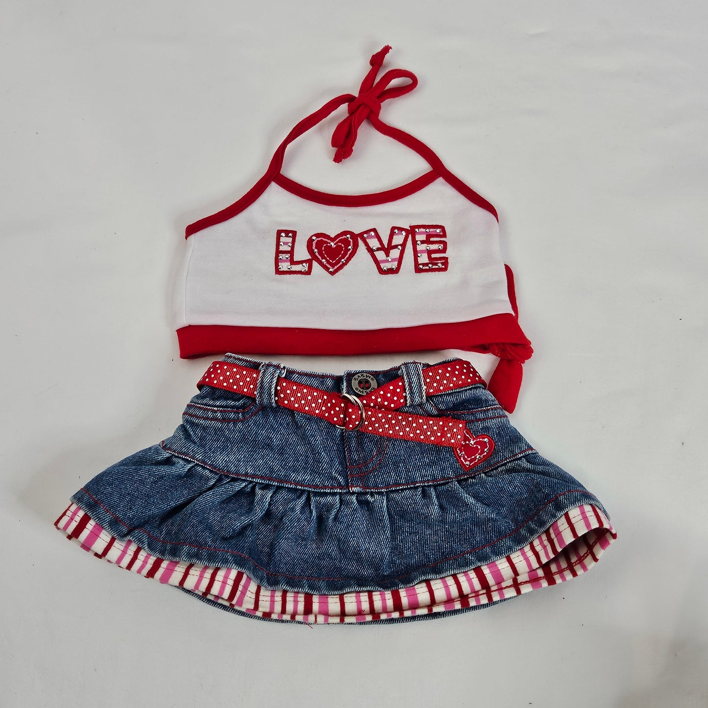 Build-A-Bear Love denim skirt and halter top