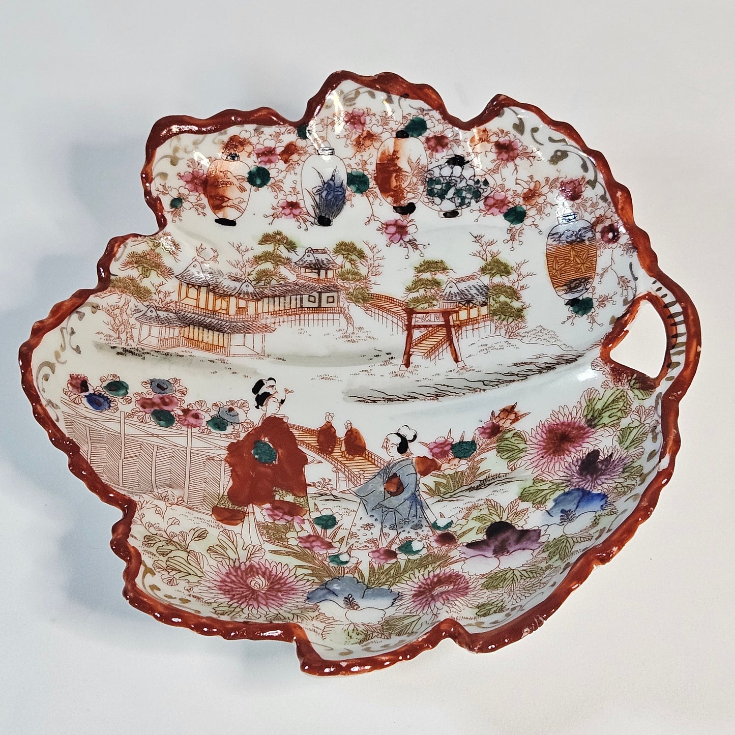 Geisha girl vintage hand painted plate, leaf shaped