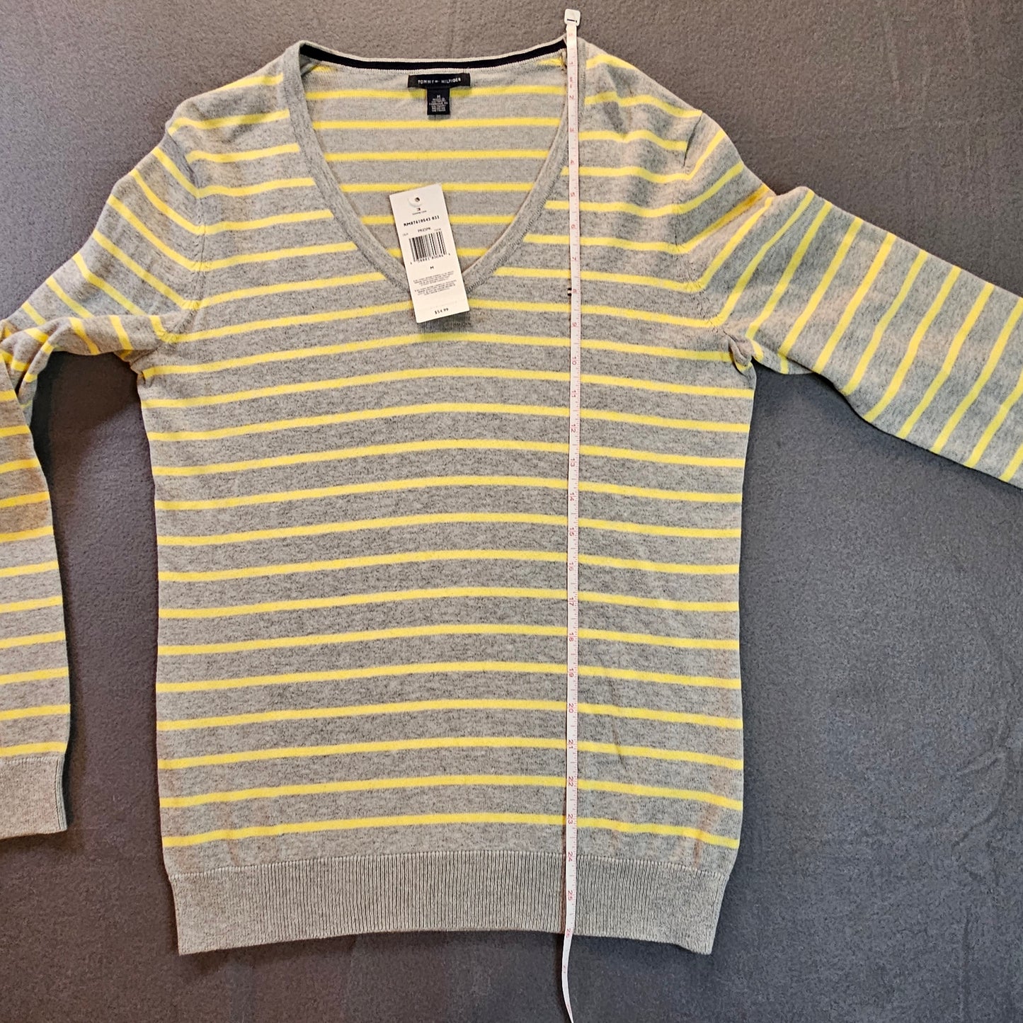 Tommy Hilfiger NWT long-sleeve, v-neck striped sweater, light gray with yellow stripes, medium