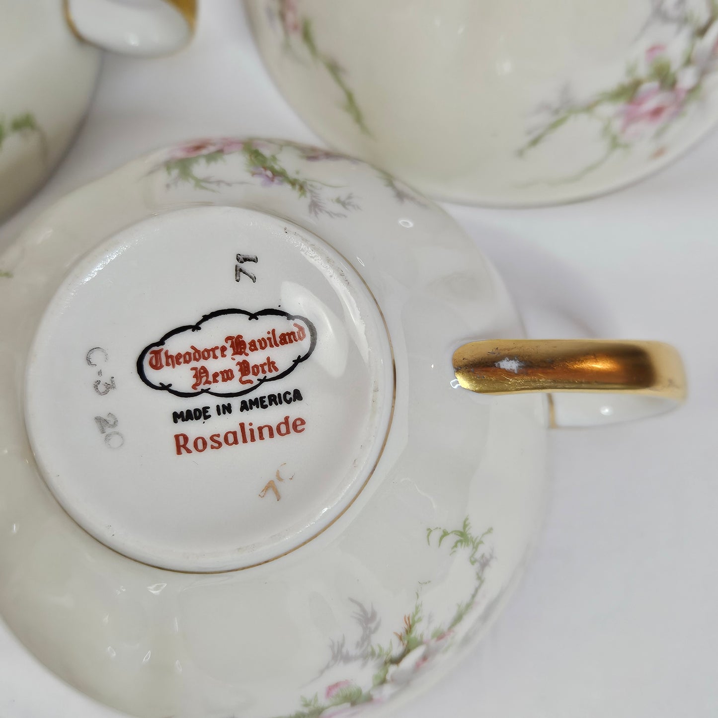 Haviland New York Rosalinde cups, cream floral with gold trim, made in America, set of 6