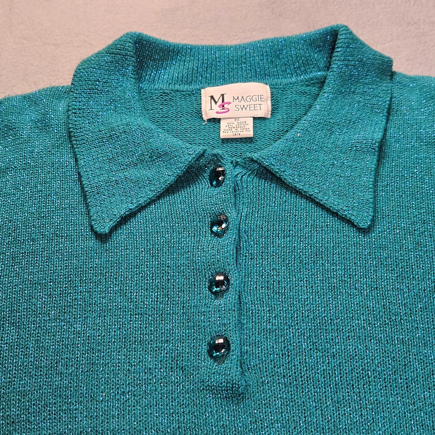 Maggie Sweet long-sleeve sweater with button-up collar, metallic thread accents