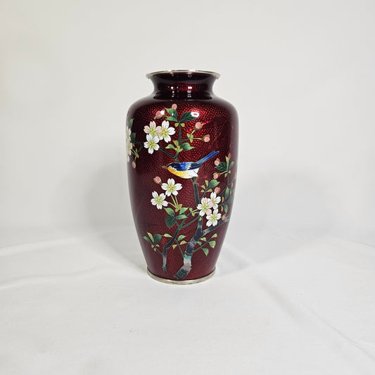 Vintage Japanese ginbari cloisonné vase, pigeon blood red enamel, 7"