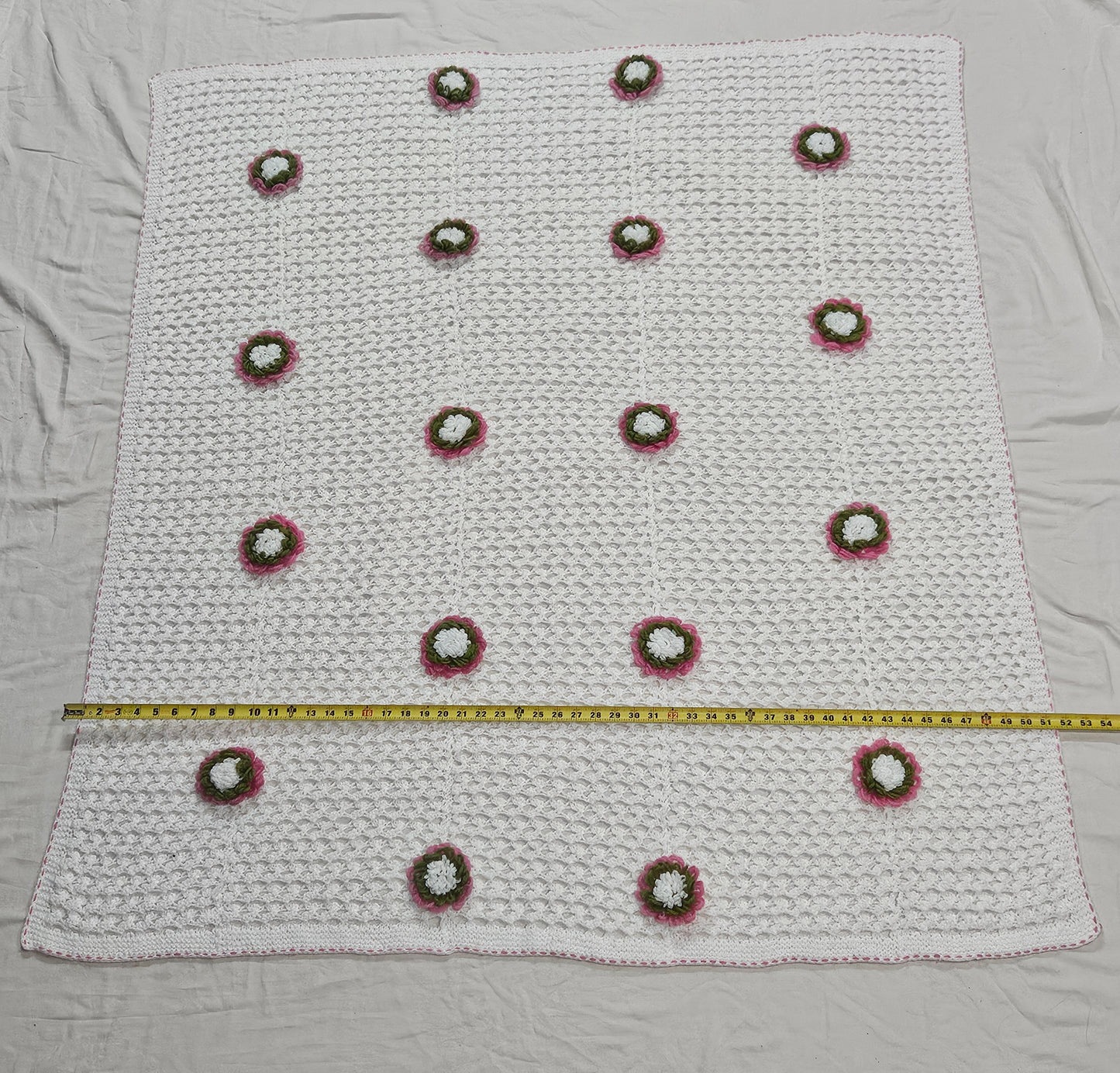 Handmade crochet blanket, lacy white stitch with flower embellishments, 58" x 51"