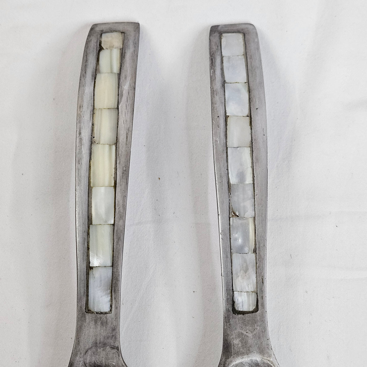 Vintage Pewter Salad serving set,  spoon and fork with inlaid  mother-of-pearl accents