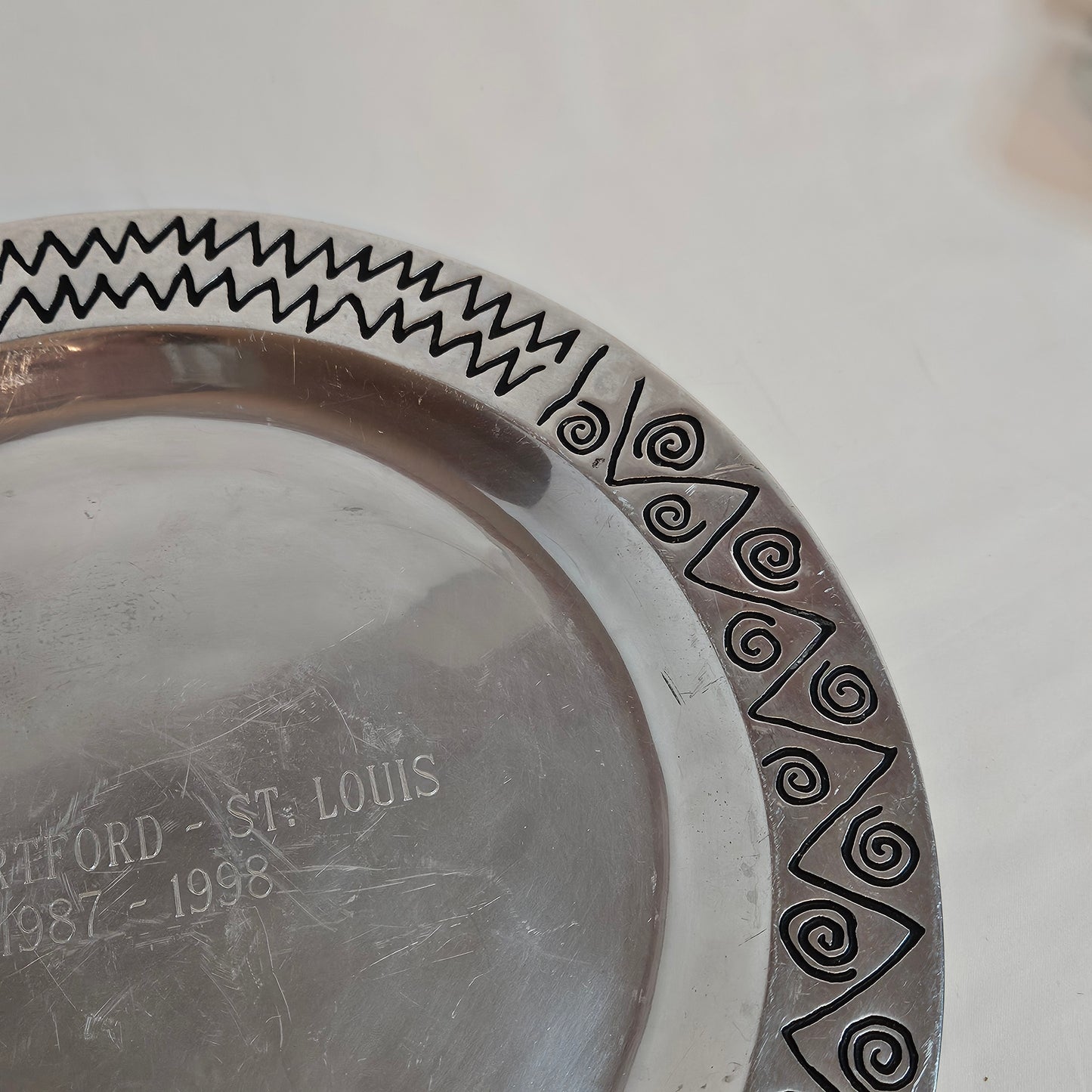 Wilton Co. RWP pewter serving tray, engraved The Harford - St. Louis 1987 - 1998