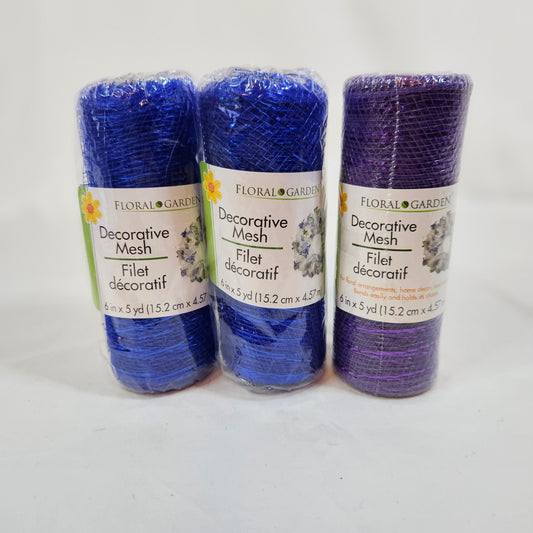 Floral Garden decorative mesh 6 inch ribbon, 2 royal blue, 1 purple