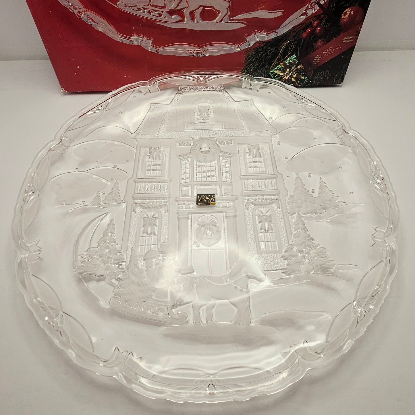 Mikasa Vintage 15" Glass Christmas Holiday Platter In Box, Winter Wonderland