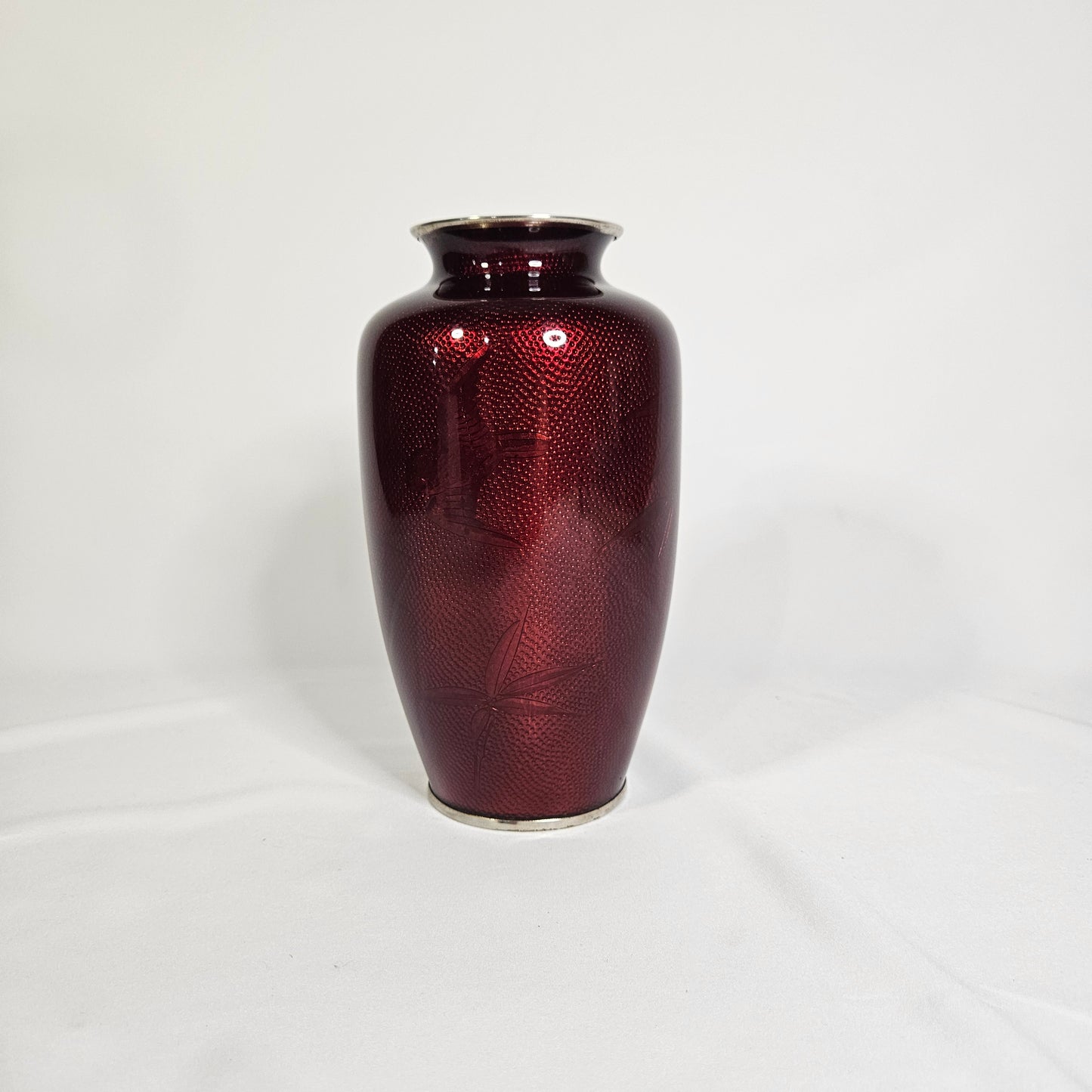 Vintage Japanese ginbari cloisonné vase, pigeon blood red enamel, 7"