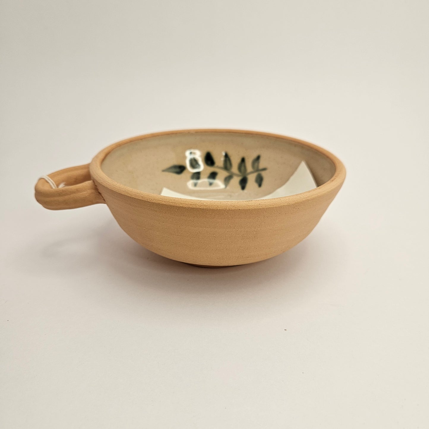 Thorpe pottery, signed, hand thrown bowl, clay outside glazed inside