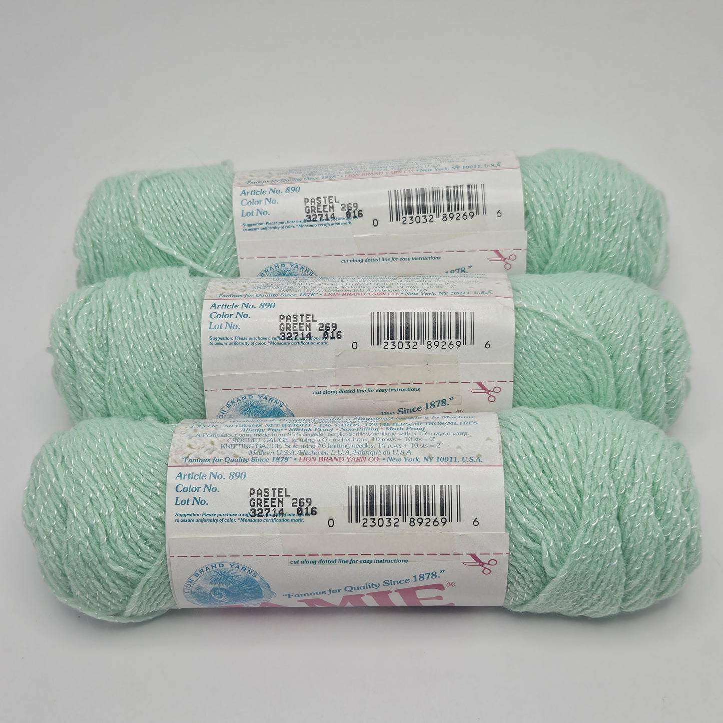 Lion Brand Jamie Pompadour Baby Yarn 3 skeins Pastel Green, Acrylic w/Rayon wrap