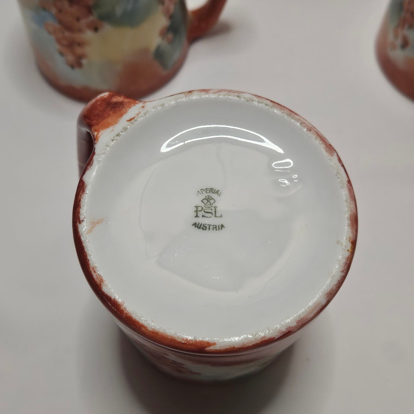 Vintage Imperial PSL Austria handpainted dark orange floral coffee mugs, set of 6