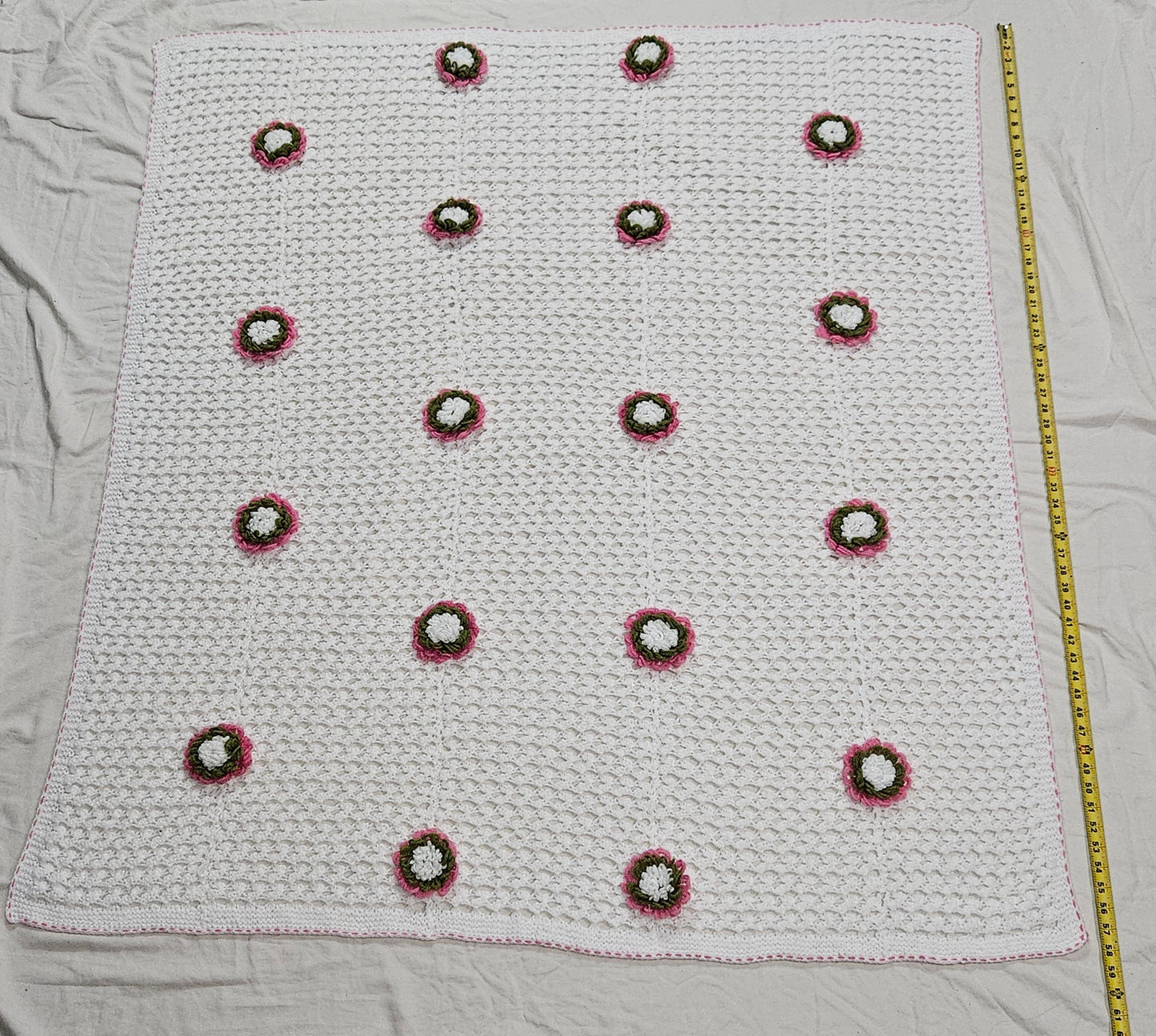 Handmade crochet blanket, lacy white stitch with flower embellishments, 58" x 51"