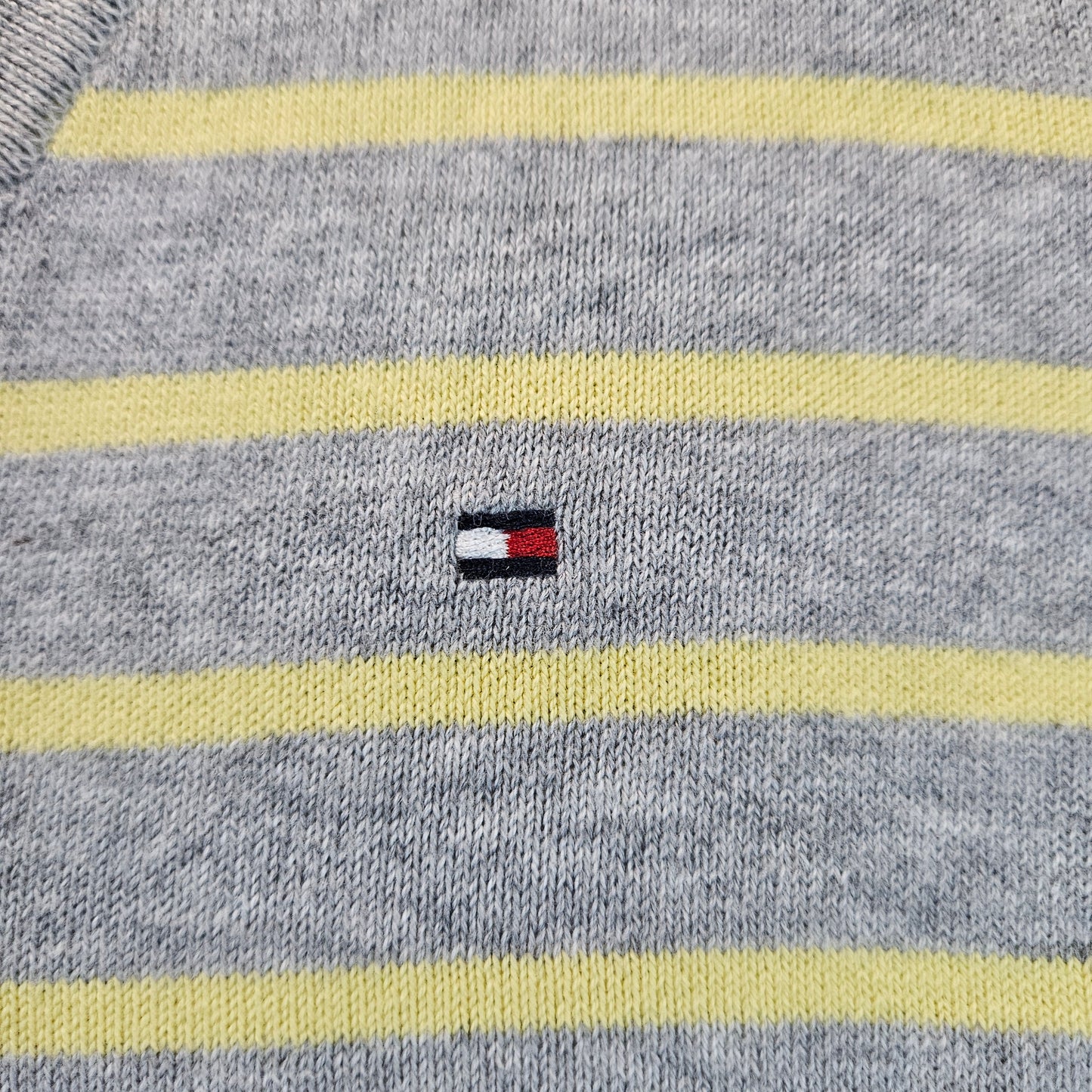 Tommy Hilfiger NWT long-sleeve, v-neck striped sweater, light gray with yellow stripes, medium