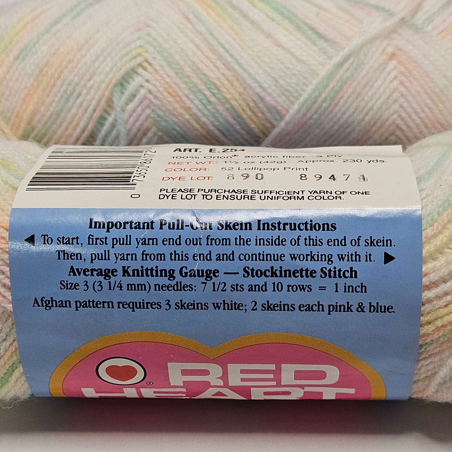 Vintage Red Heart Baby Acrylic yarn, 2 skeins, Lollipop Print