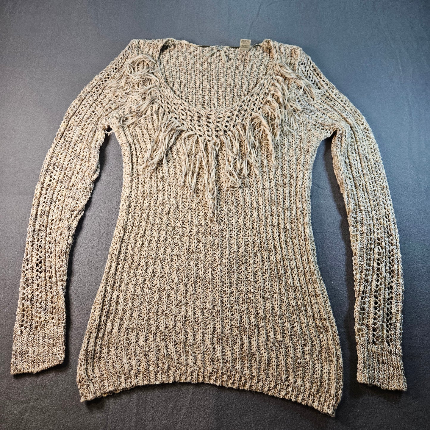 Gimmicks By BKE Open Knit Fringe Boho Long Sleeve Sweater, Large