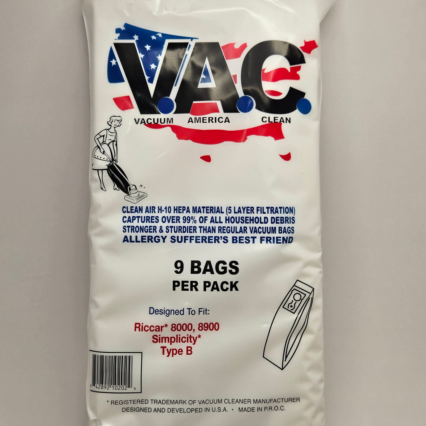 VAC HEPA Vacuum Cleaner Bags VAC-50 Riccar or Simplicity Type B NEW 9 bags in ea