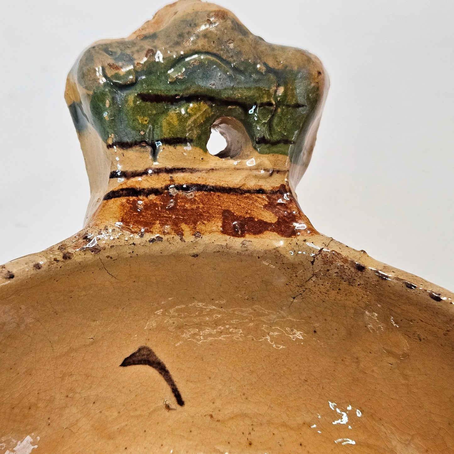 Vintage Mexican primitive clay bowl with handle