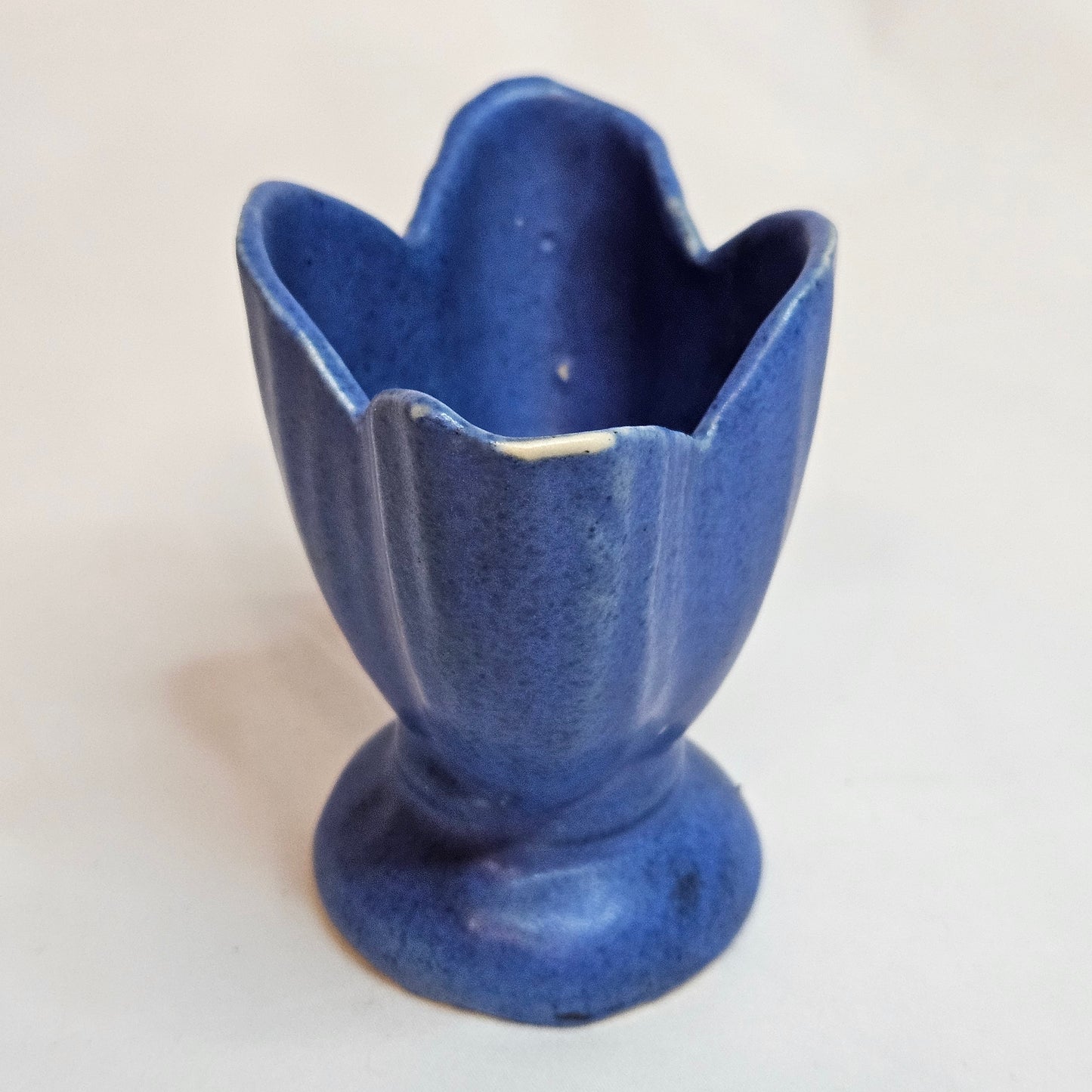 Vintage Niolak scalloped small vase, 3 inches, Ozark Blue, 1940s