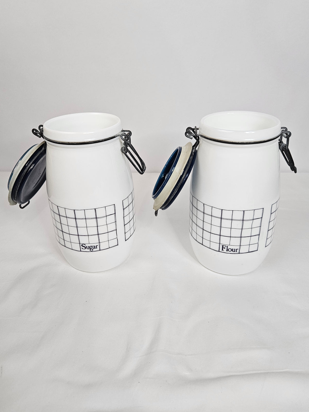 Wheaton Milkglass Sugar and Flour Canister Set with wire clamp closures