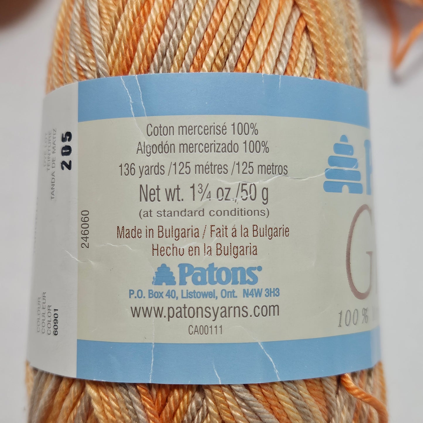 Patons Grace 100% Cotton Yarn,  4 skein lot, color Tangelo