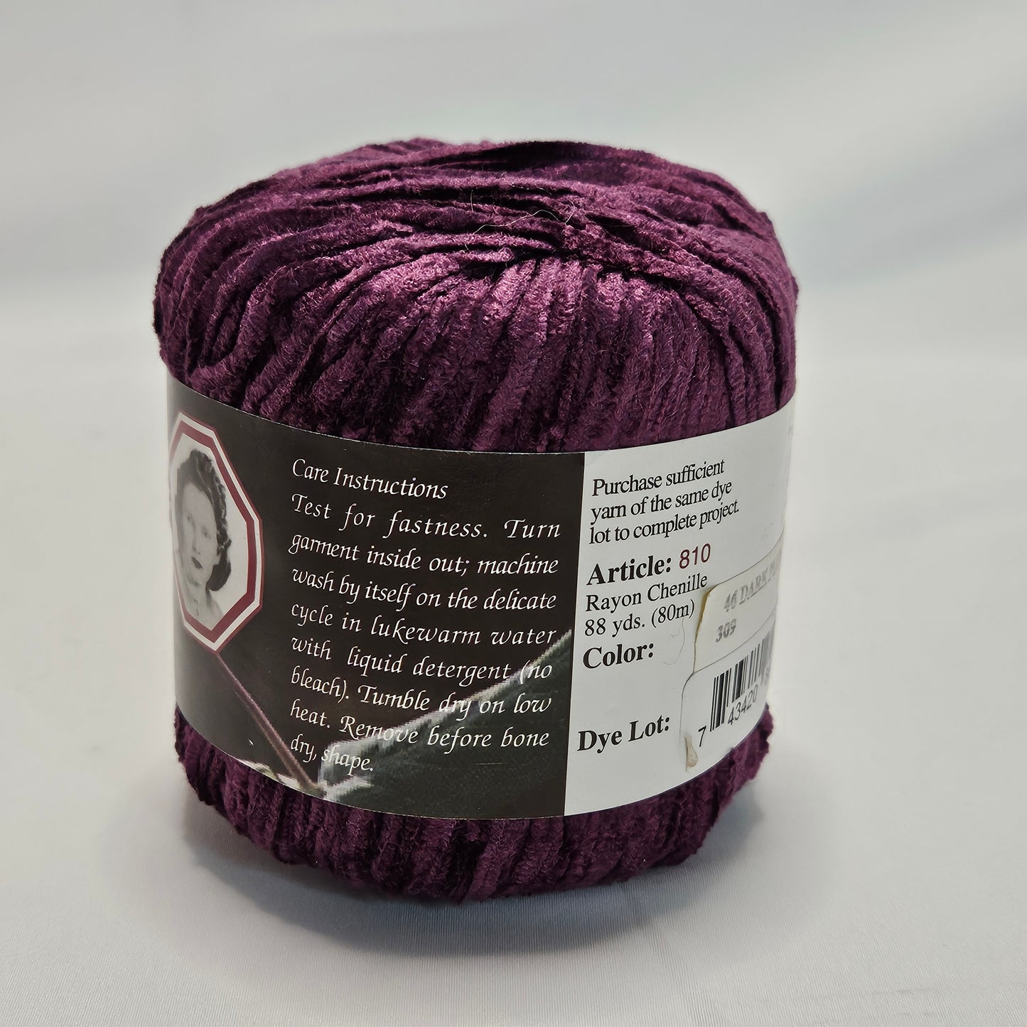 Honeysuckle Yarns, Dark Plum Rayon Chenile yarn, 88 yards, EPI