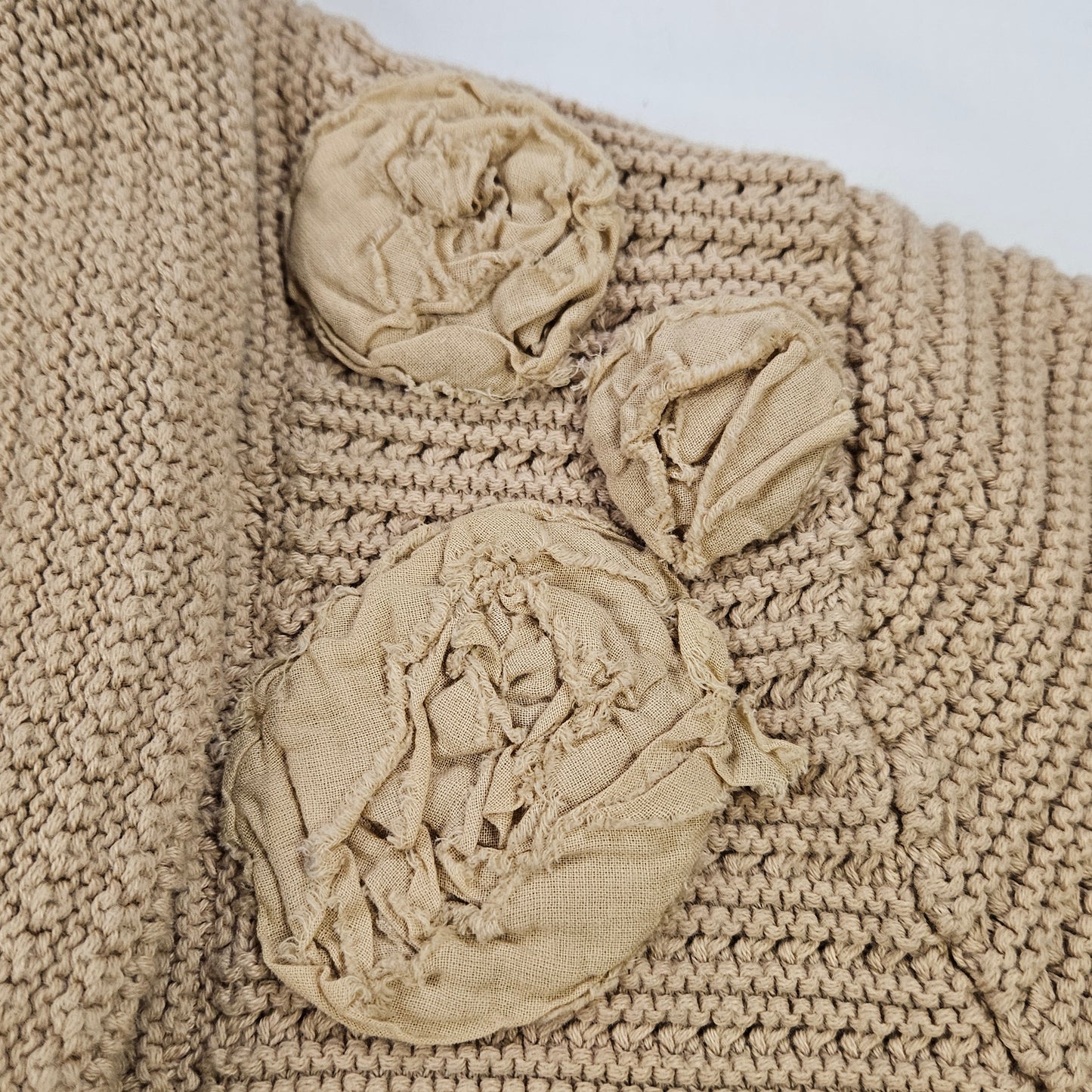 CAbi Beige knit shrug, 100% cotton with fabric rosettes, Medium