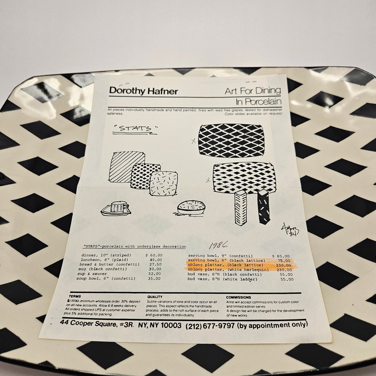 RARE Vintage Dorothy Hafner STATS 17" Platter, 1984, White Harlequin pattern