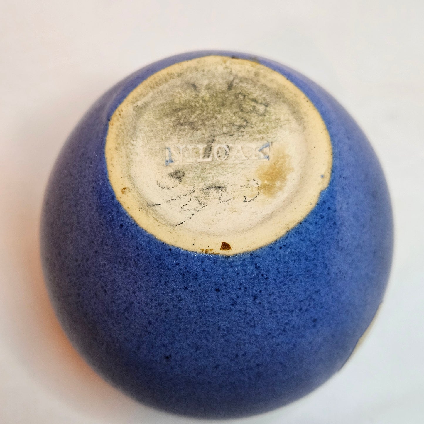 Vintage Niloak Pottery small round vase, Ozark Blue, late 1930s